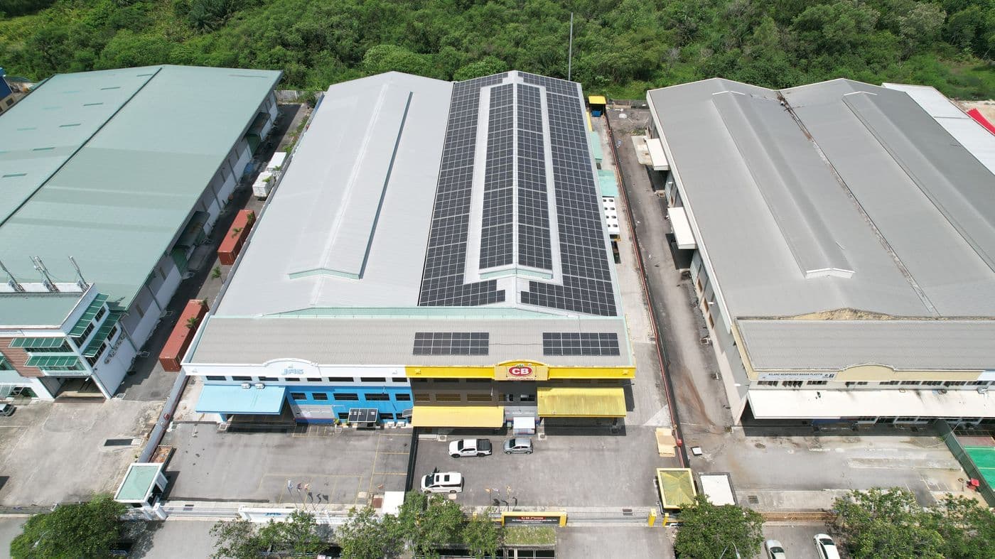 Aerial view of the CB Frozen factory with solar panels along its roof